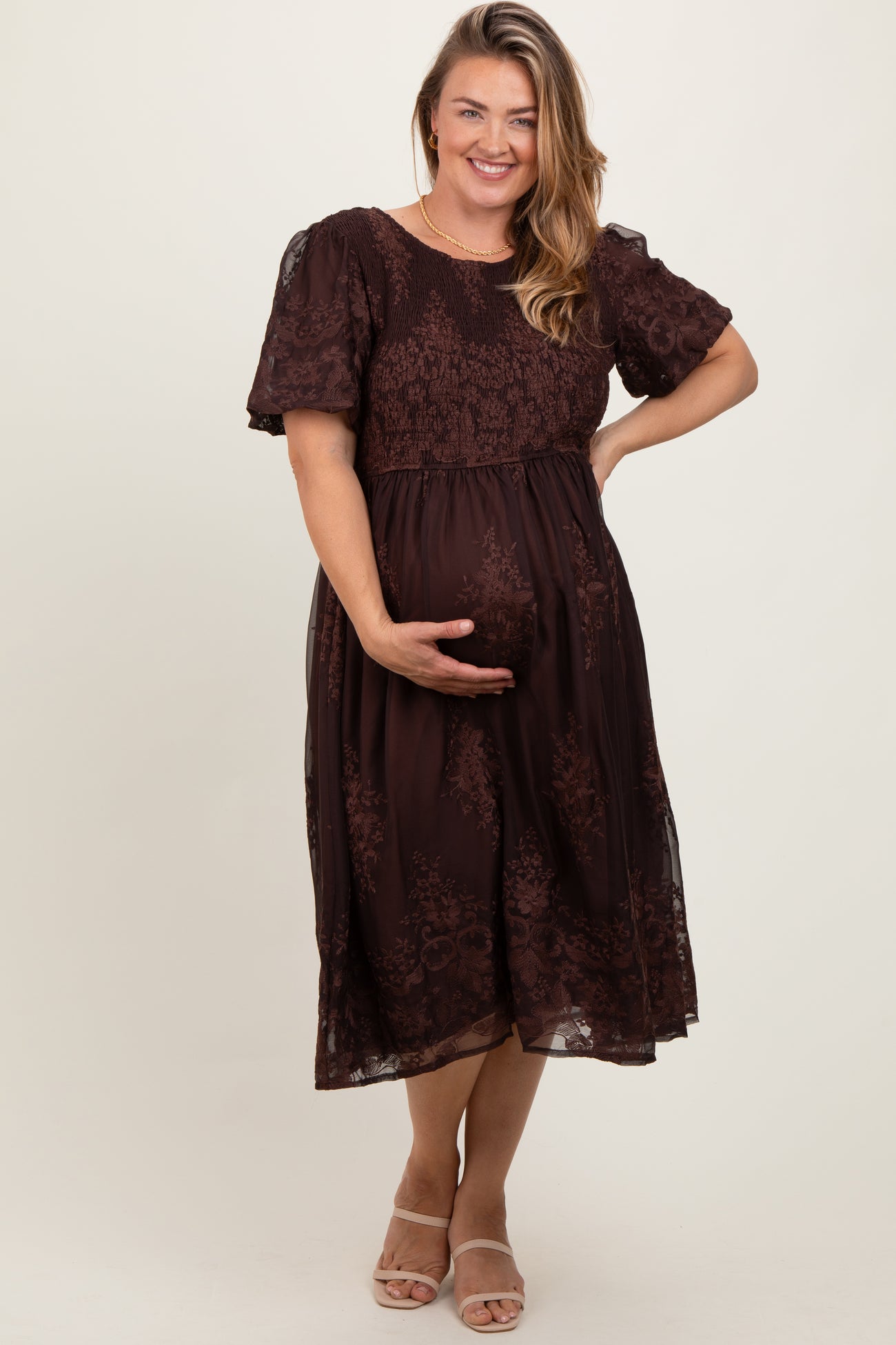 Brown Floral Embroidered Mesh Overlay Smocked Maternity Plus Midi Dress