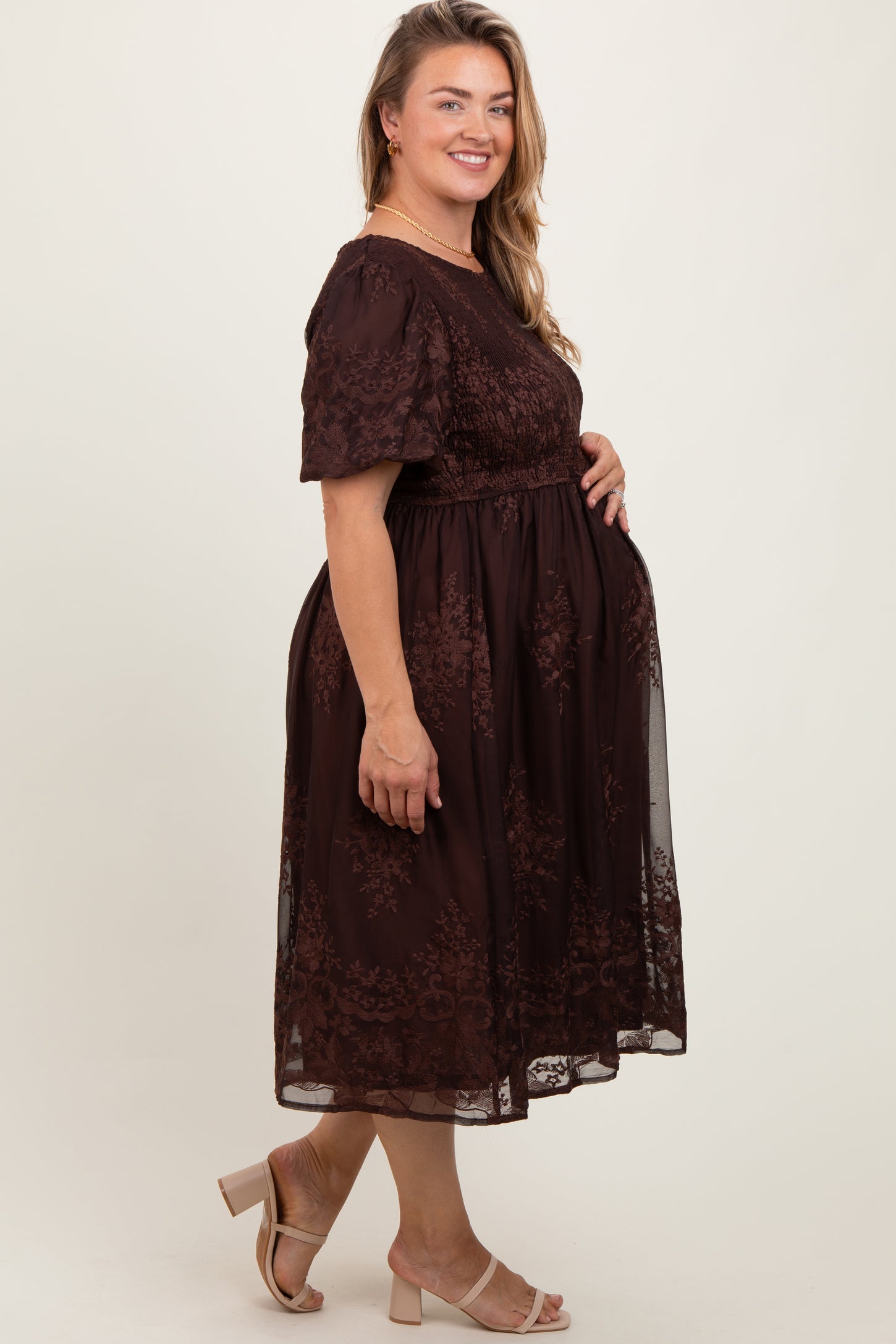 Brown Floral Embroidered Mesh Overlay Smocked Maternity Plus Midi Dress
