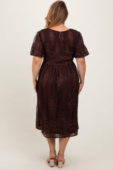 Brown Floral Embroidered Mesh Overlay Smocked Maternity Plus Midi Dress