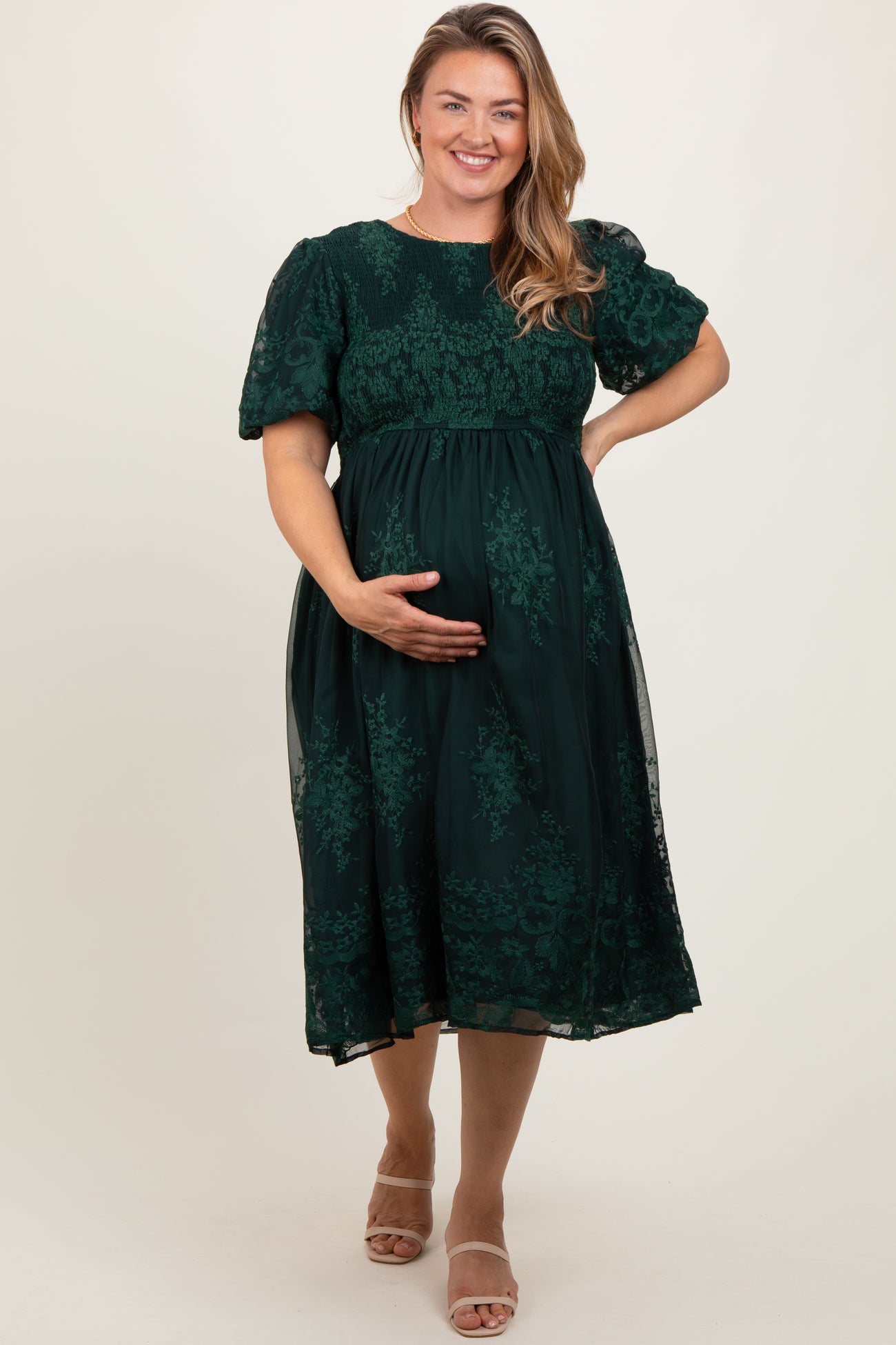 Forest Green Floral Embroidered Mesh Overlay Smocked Maternity Plus Midi Dress