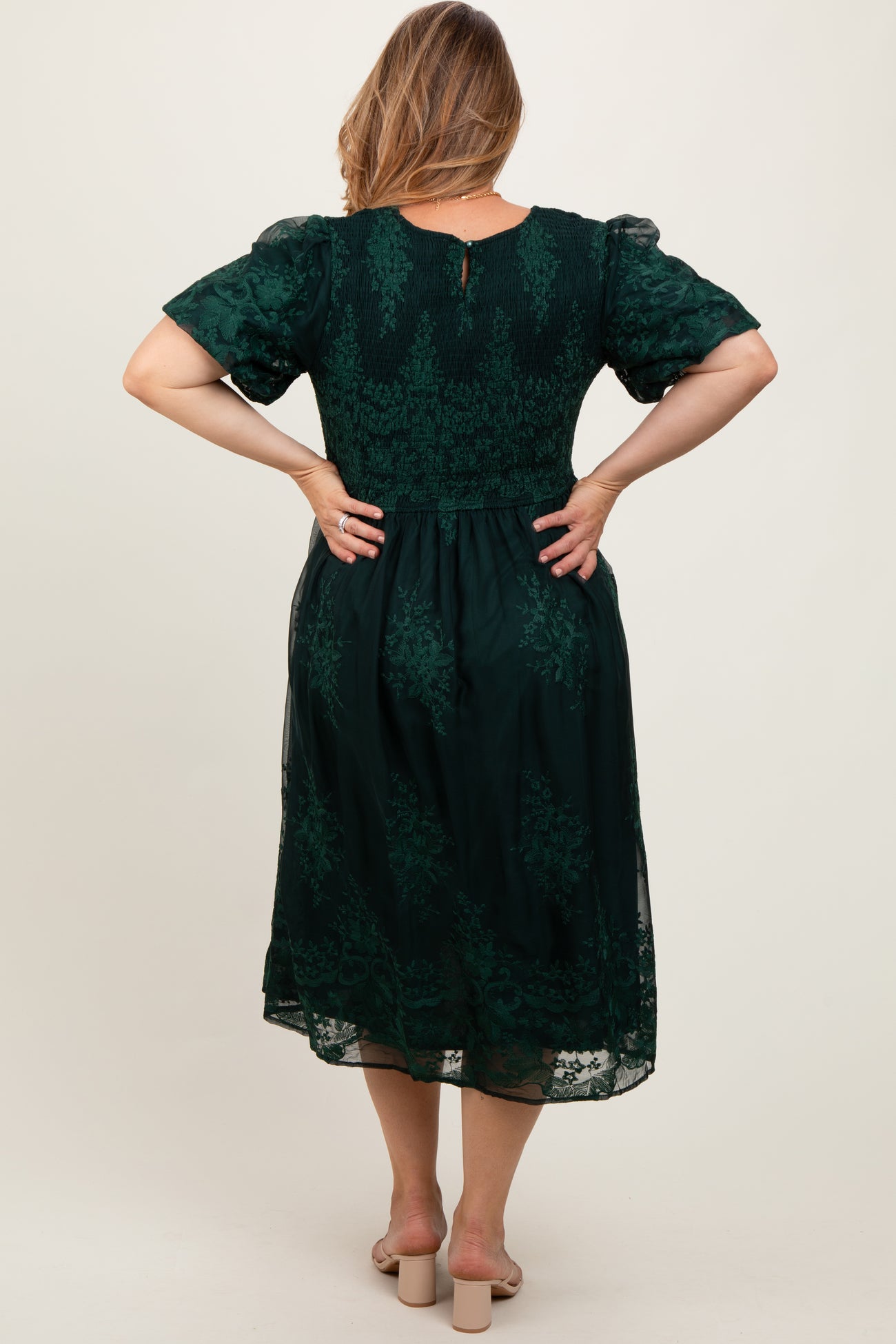 Forest Green Floral Embroidered Mesh Overlay Smocked Maternity Plus Midi Dress