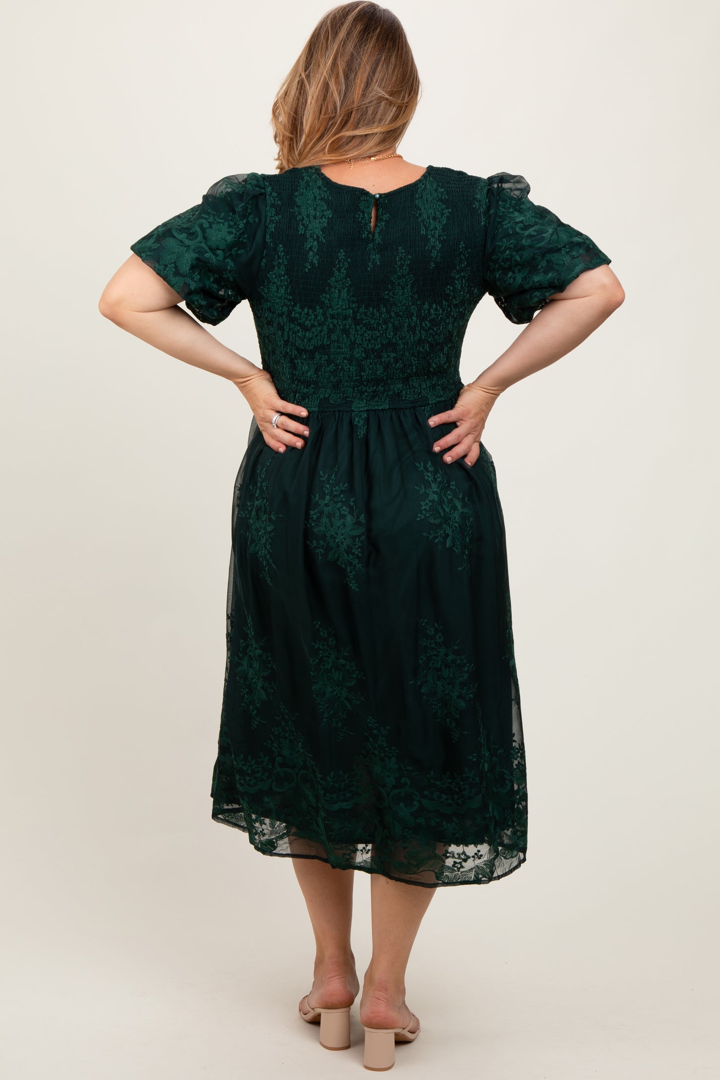 Forest Green Floral Embroidered Mesh Overlay Smocked Maternity Plus Midi Dress