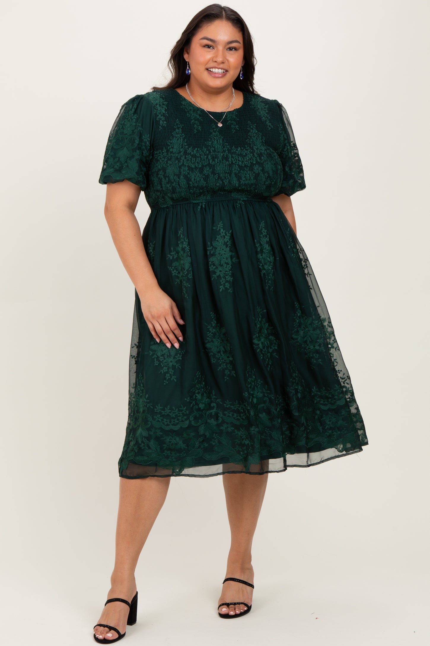Forest Green Floral Embroidered Mesh Overlay Smocked Plus Midi Dress