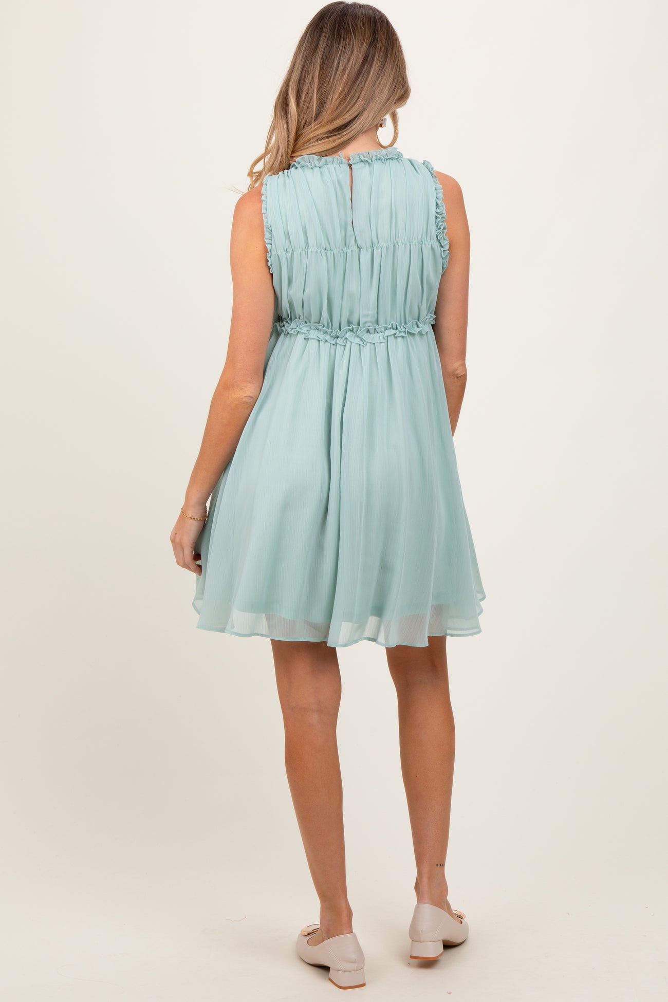 Light Olive Ruffle Detail Sleeveless Maternity Mini Dress