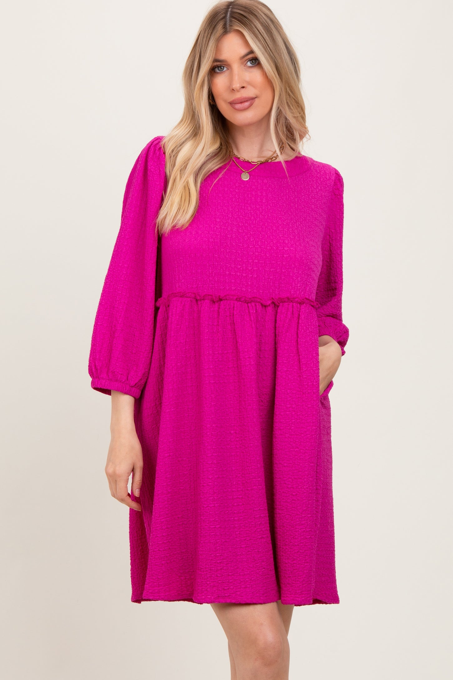 Magenta Knit Ruffle Trim Maternity Dress