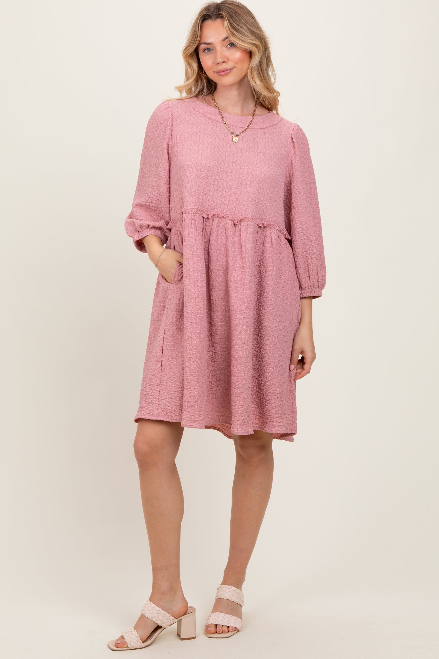 Mauve Knit Ruffle Trim Maternity Dress