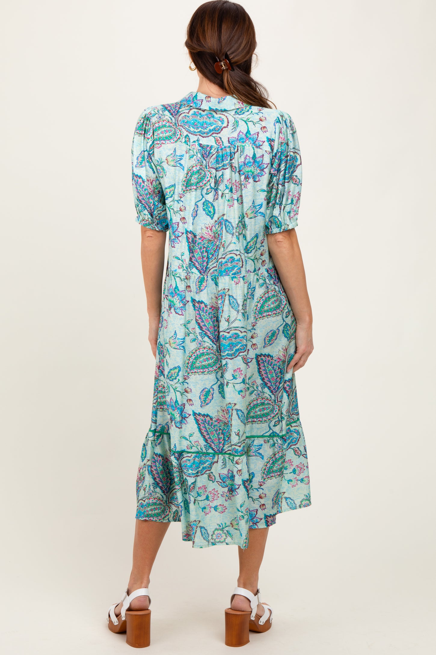 Aqua Paisley Collared Ruffle Hem Midi Dress