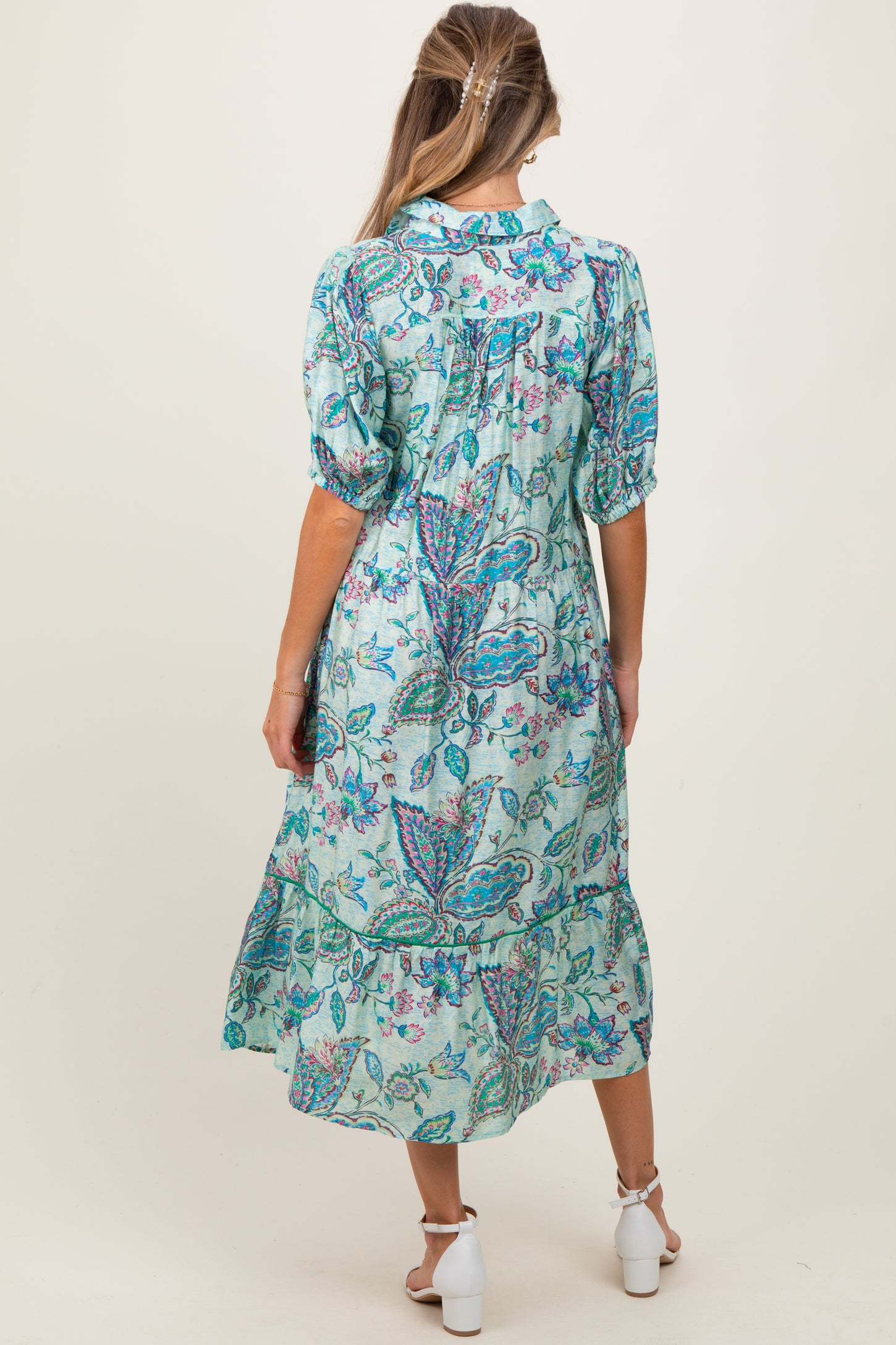 Aqua Paisley Collared Ruffle Hem Maternity Midi Dress