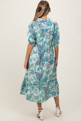 Aqua Paisley Collared Ruffle Hem Maternity Midi Dress