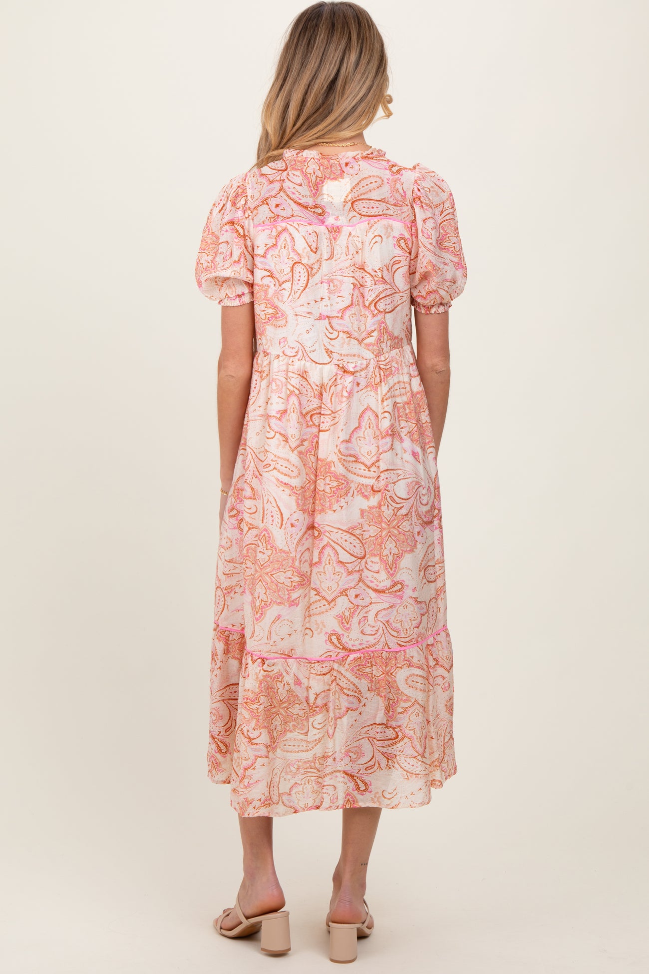 Pink Paisley Front Tie Ruffle Trim Maternity Midi Dress