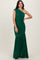 woman wearing a green one-shoulder evening gown with gathered detailing and a flared skirt