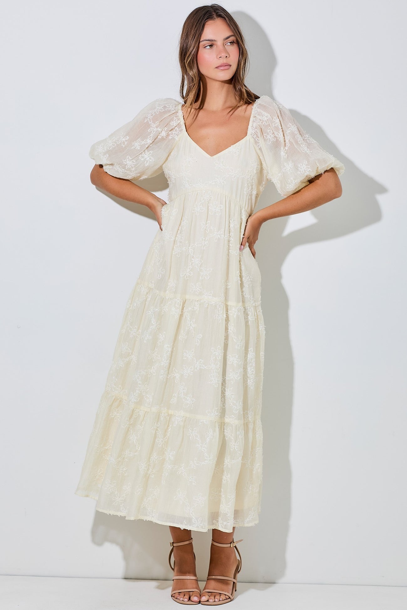 Ivory Embroidered Floral Overlay Maternity Midi Dress
