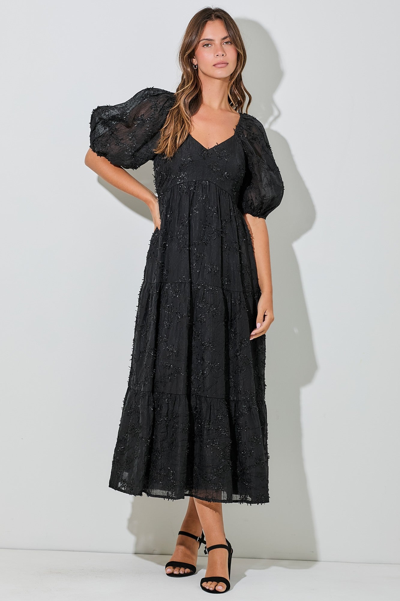 Black Embroidered Floral Overlay Maternity Midi Dress
