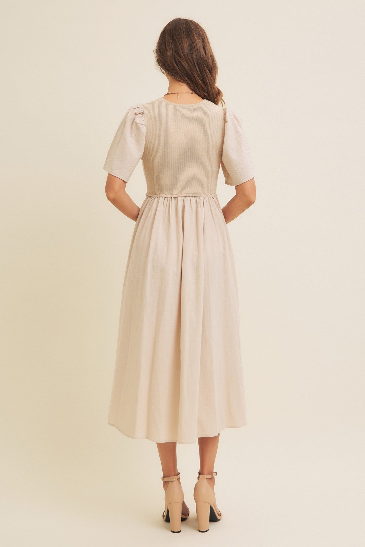 Beige Ribbed Knit Contrast Top Midi Dress