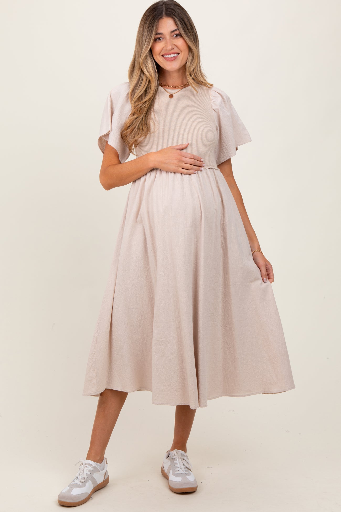 Beige Ribbed Knit Contrast Top Maternity Midi Dress