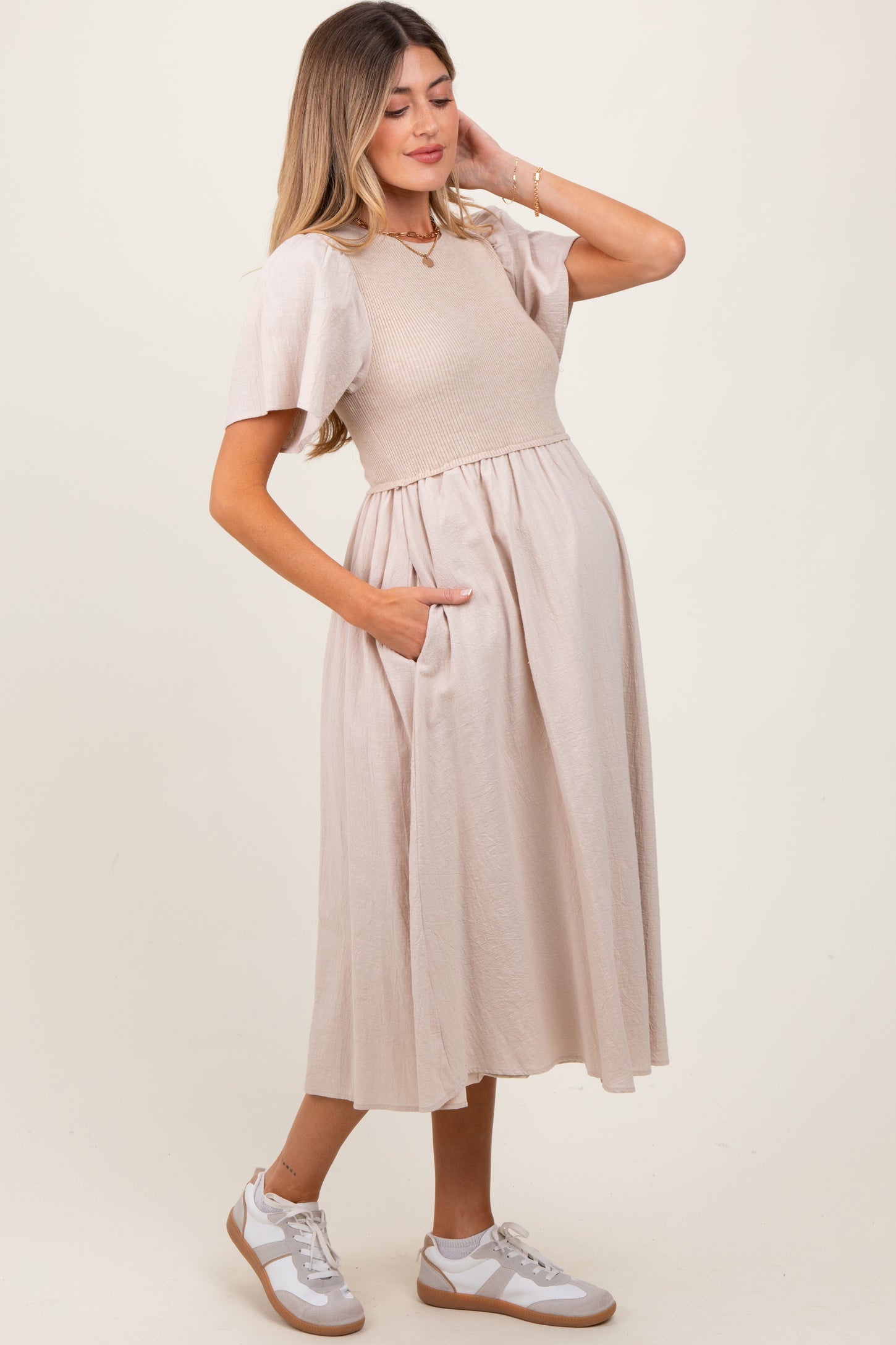 Beige Ribbed Knit Contrast Top Maternity Midi Dress