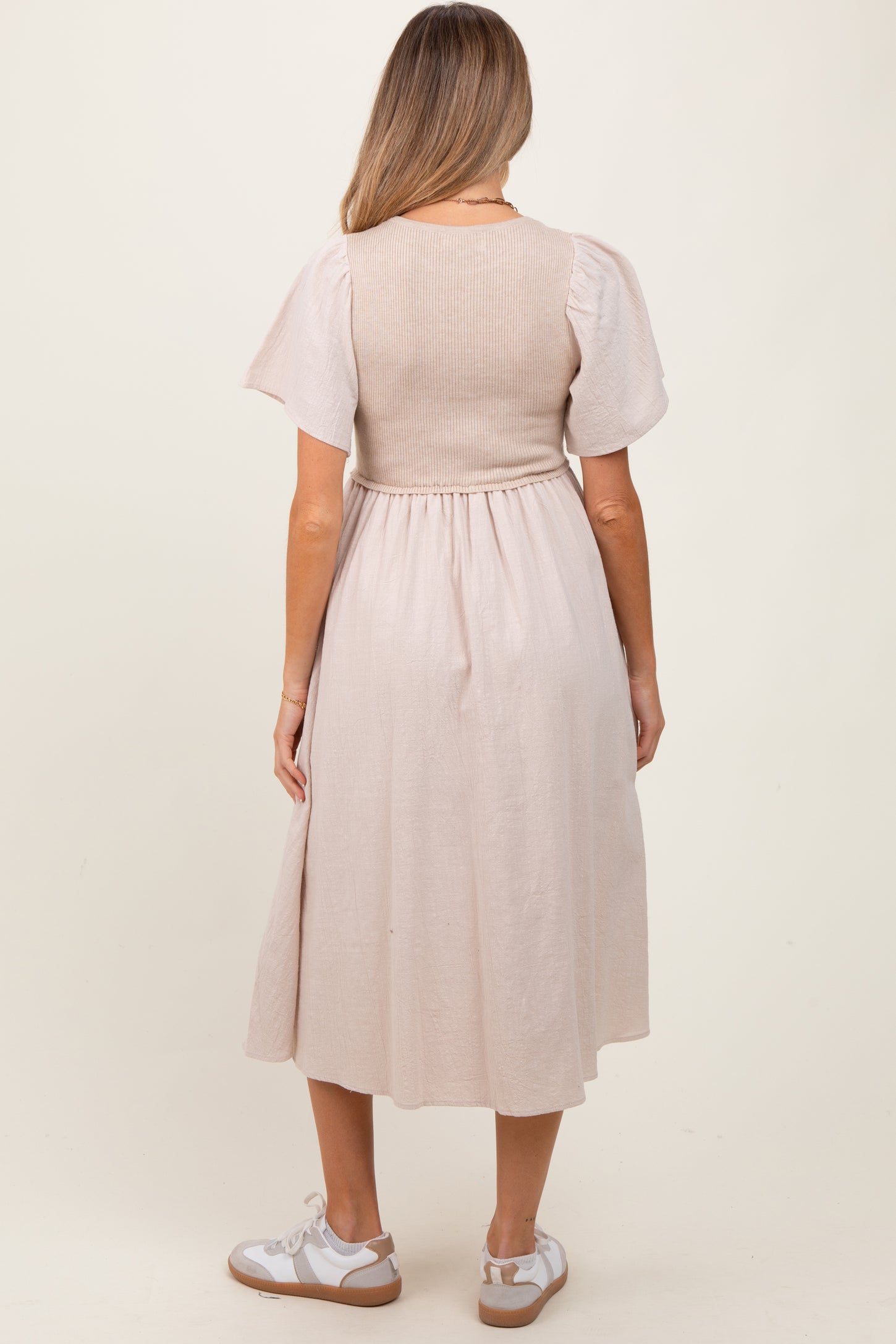 Beige Ribbed Knit Contrast Top Maternity Midi Dress