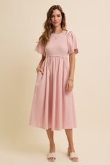 Pink Ribbed Knit Contrast Top Maternity Midi Dress
