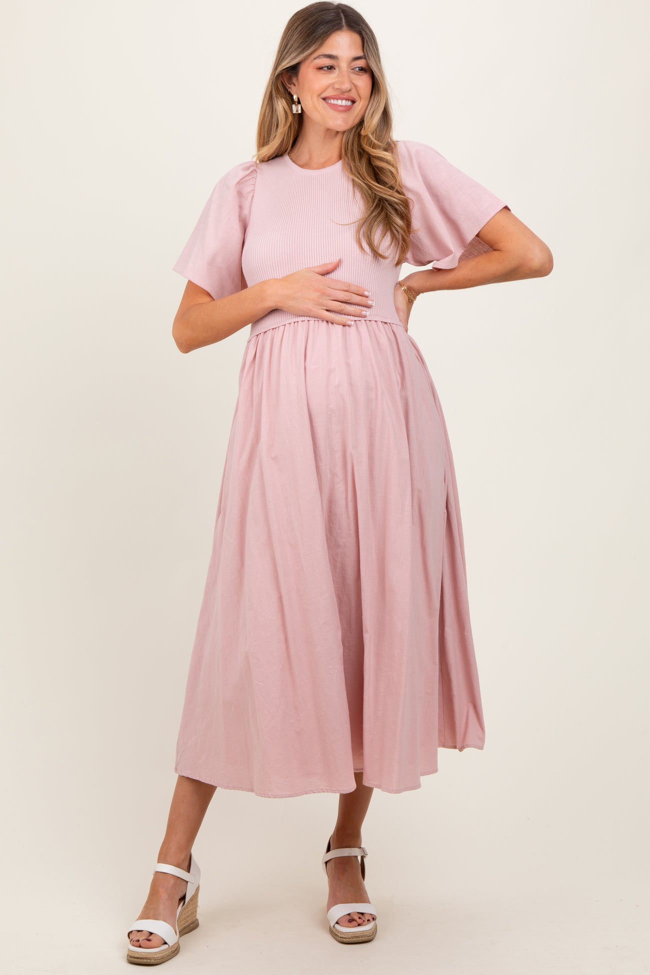 Pink Ribbed Knit Contrast Top Maternity Midi Dress