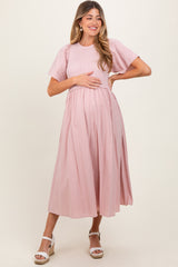 Pink Ribbed Knit Contrast Top Maternity Midi Dress