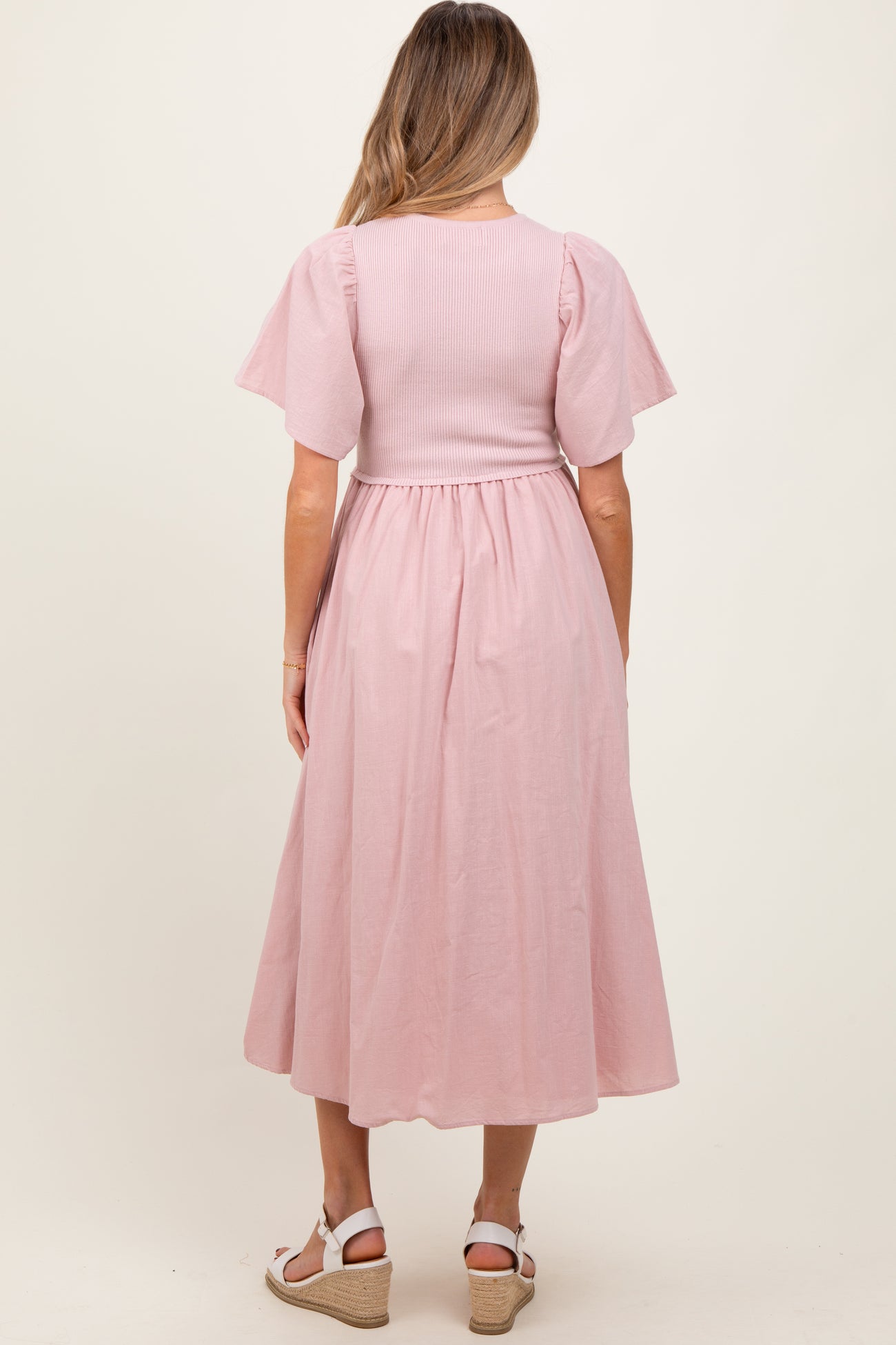 Pink Ribbed Knit Contrast Top Maternity Midi Dress
