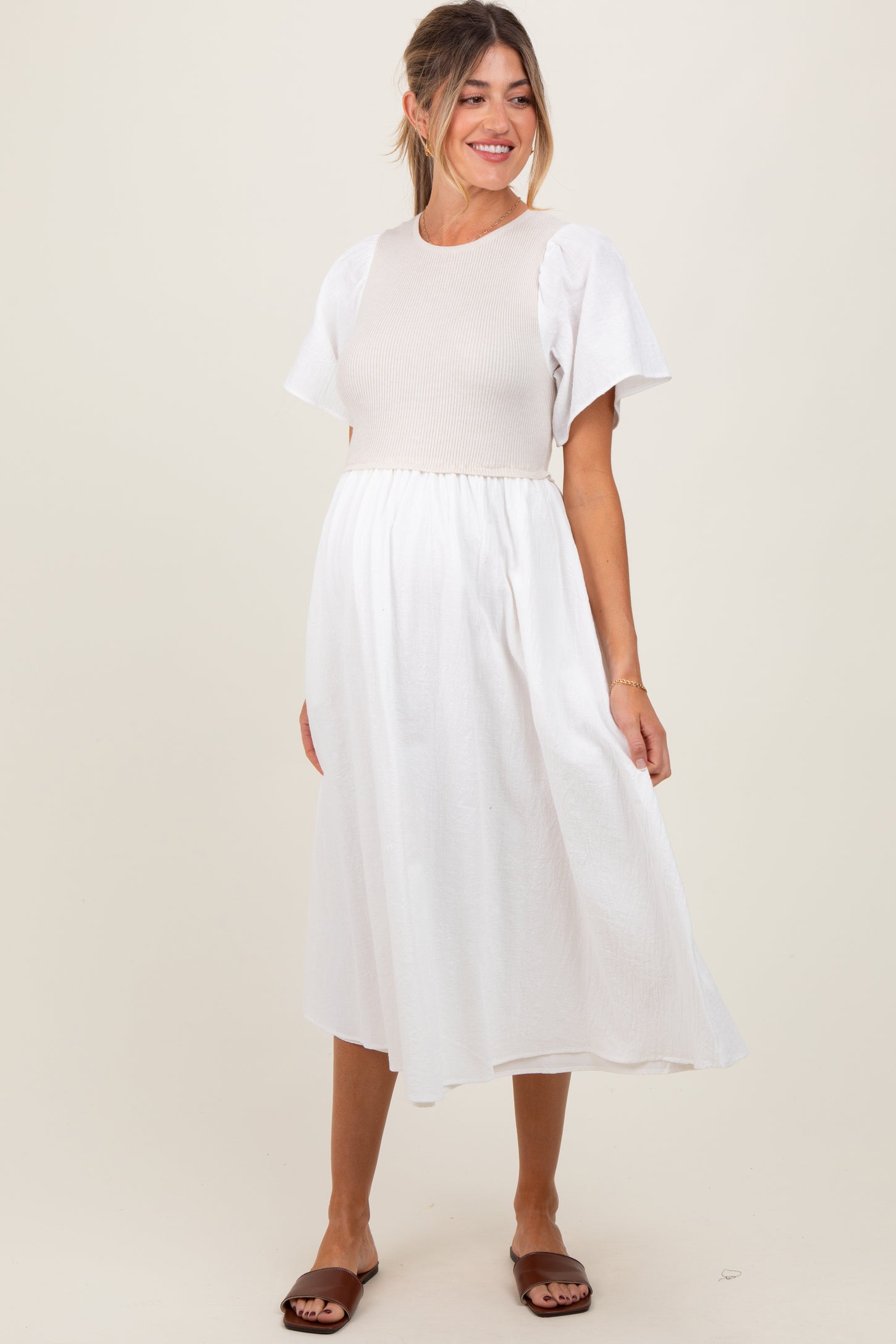 Ivory Ribbed Knit Contrast Top Maternity Midi Dress