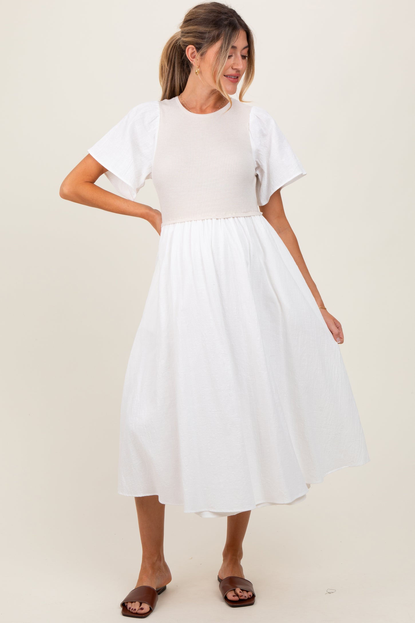 Ivory Ribbed Knit Contrast Top Maternity Midi Dress