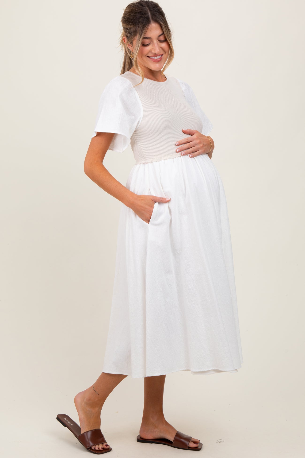 Ivory Ribbed Knit Contrast Top Maternity Midi Dress