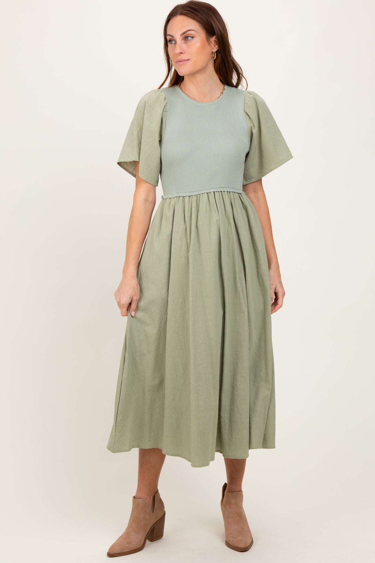 Light Olive Ribbed Knit Contrast Top Midi Dress