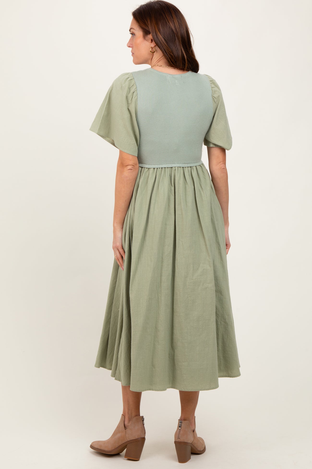 Light Olive Ribbed Knit Contrast Top Midi Dress