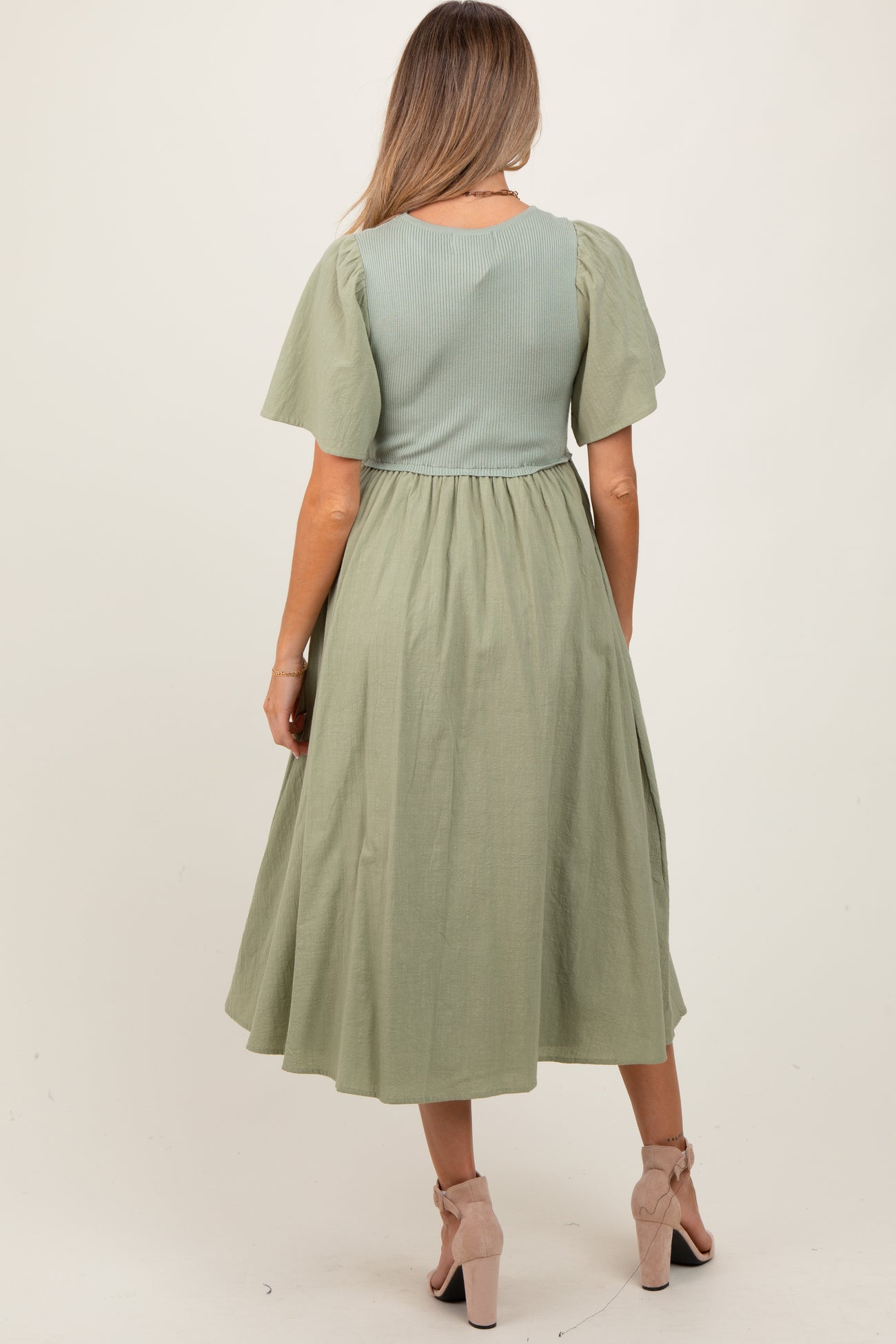 Light Olive Ribbed Knit Contrast Top Maternity Midi Dress