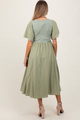 Light Olive Ribbed Knit Contrast Top Maternity Midi Dress