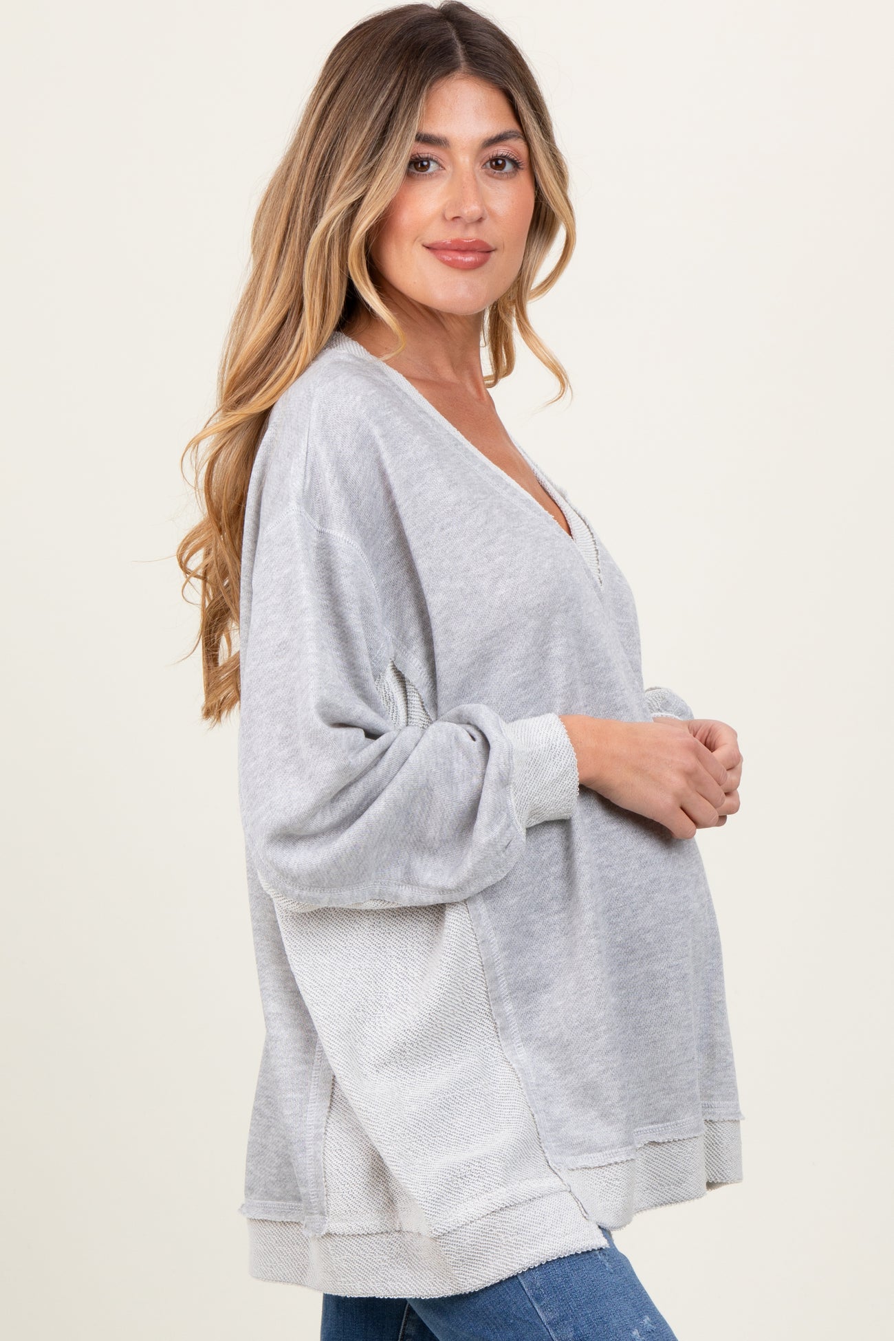 Heather Grey Contrast French Terry Maternity Long Sleeve Top