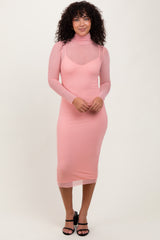 Coral Mesh Overlay Fitted Maternity Midi Dress
