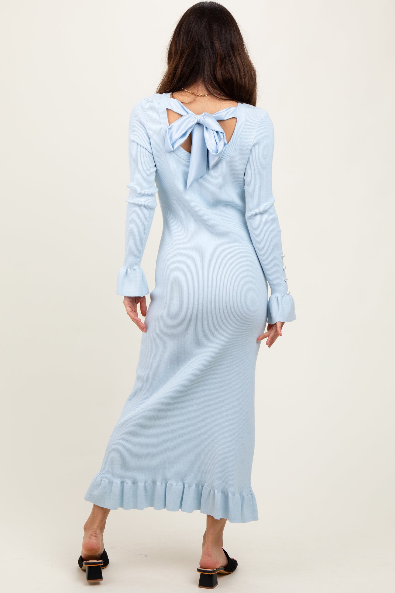 Light Blue Ribbed Knit Bow Back Maxi Dress