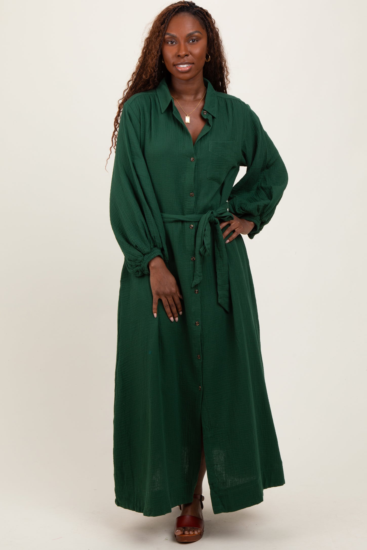 Dark Olive Gauze Belted Shirt Maternity Midi Dress