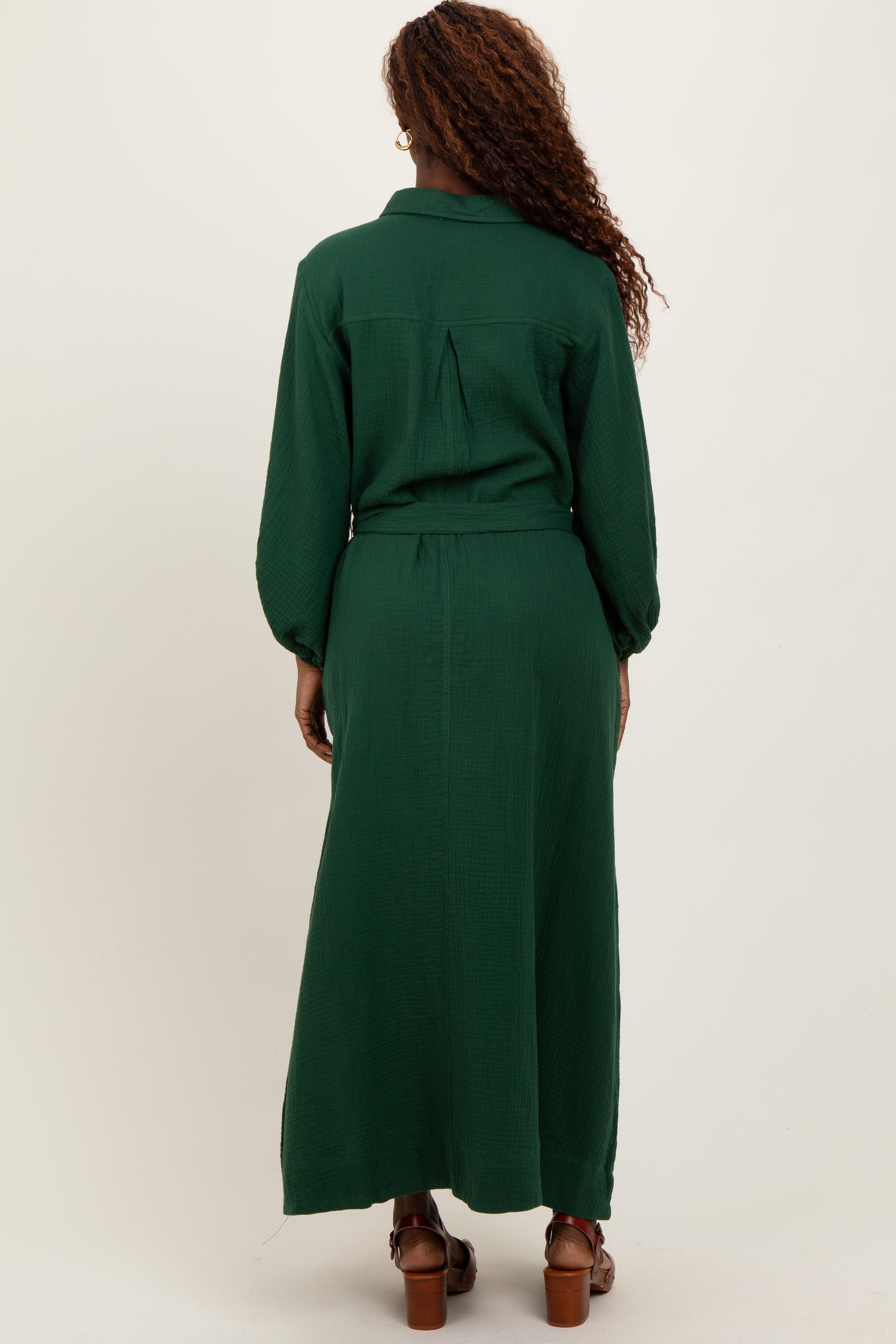 Dark Olive Gauze Belted Shirt Midi Dress