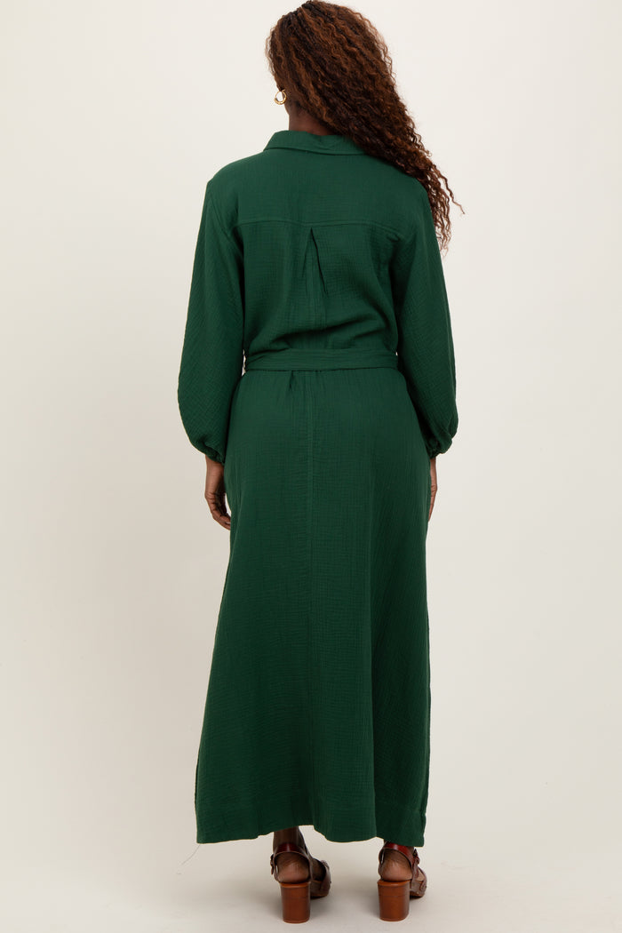 Dark Olive Gauze Belted Shirt Midi Dress