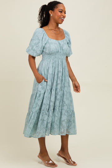 Light Blue Textured Floral Short Sleeve Midi Dress