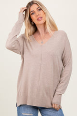 Taupe Front Seam V-Neck Side Slit Sweater