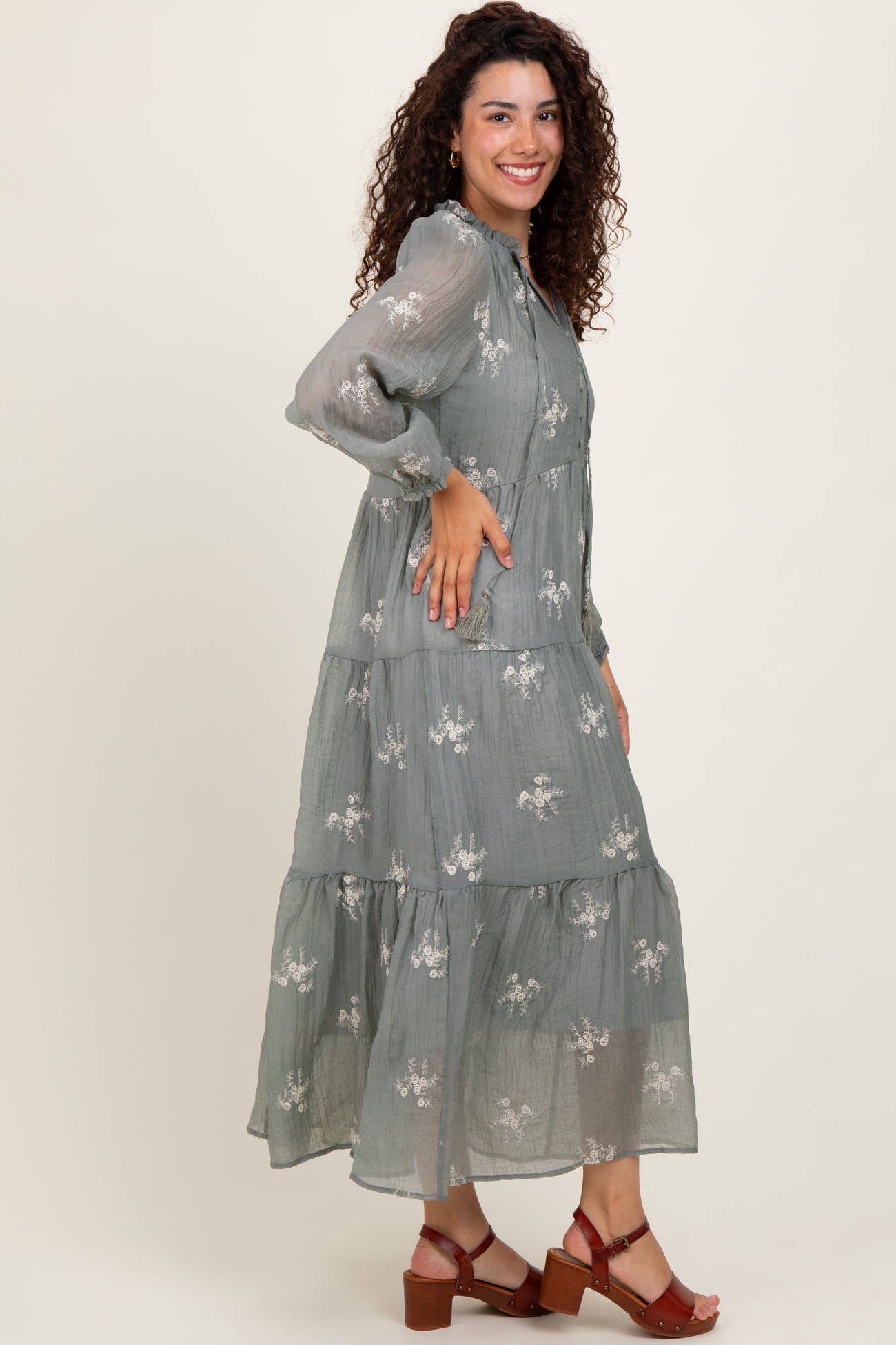 Gray Embroidered Tassel Tie Tiered Midi Dress