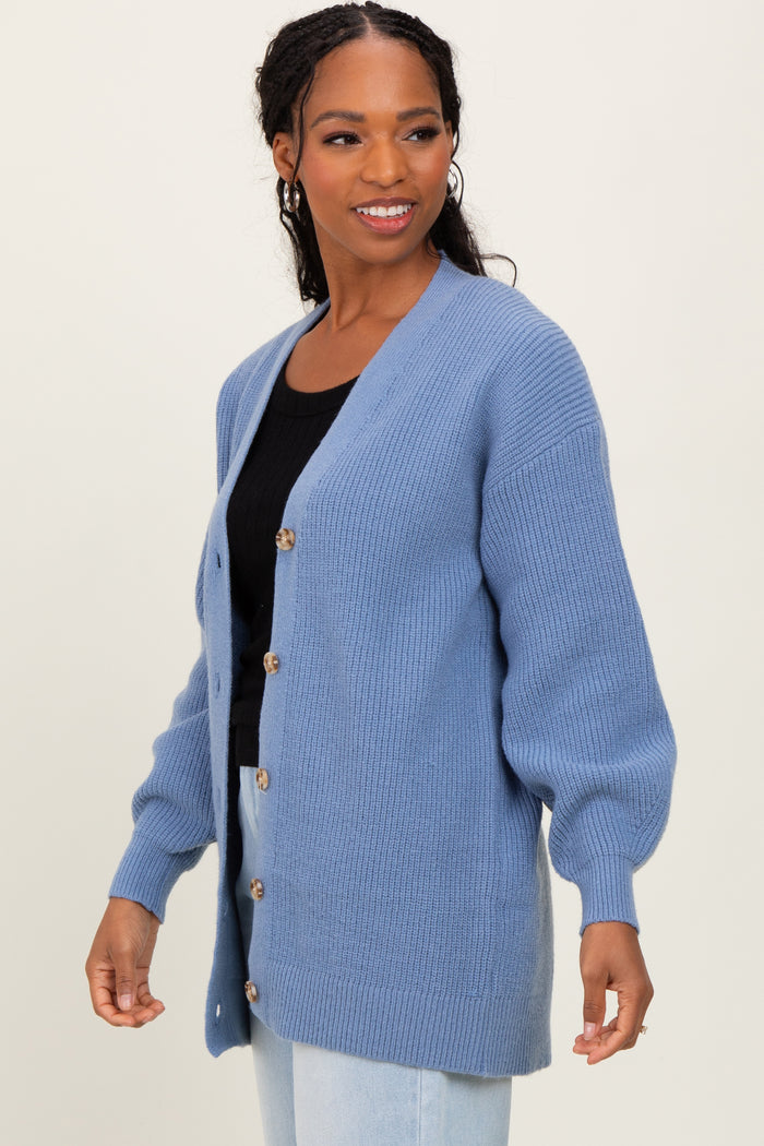 Blue Knit Oversized Button Down V-Neck Cardigan