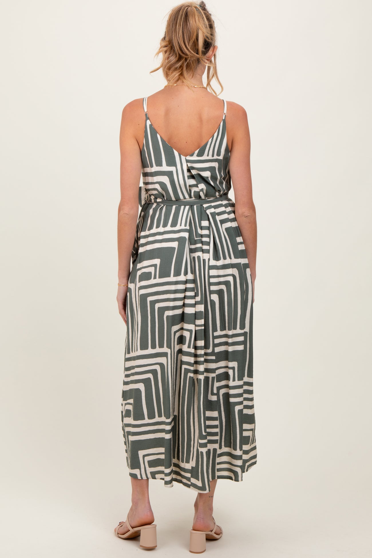 Light Olive Geometric Print Sash Tie Maternity Maxi Dress