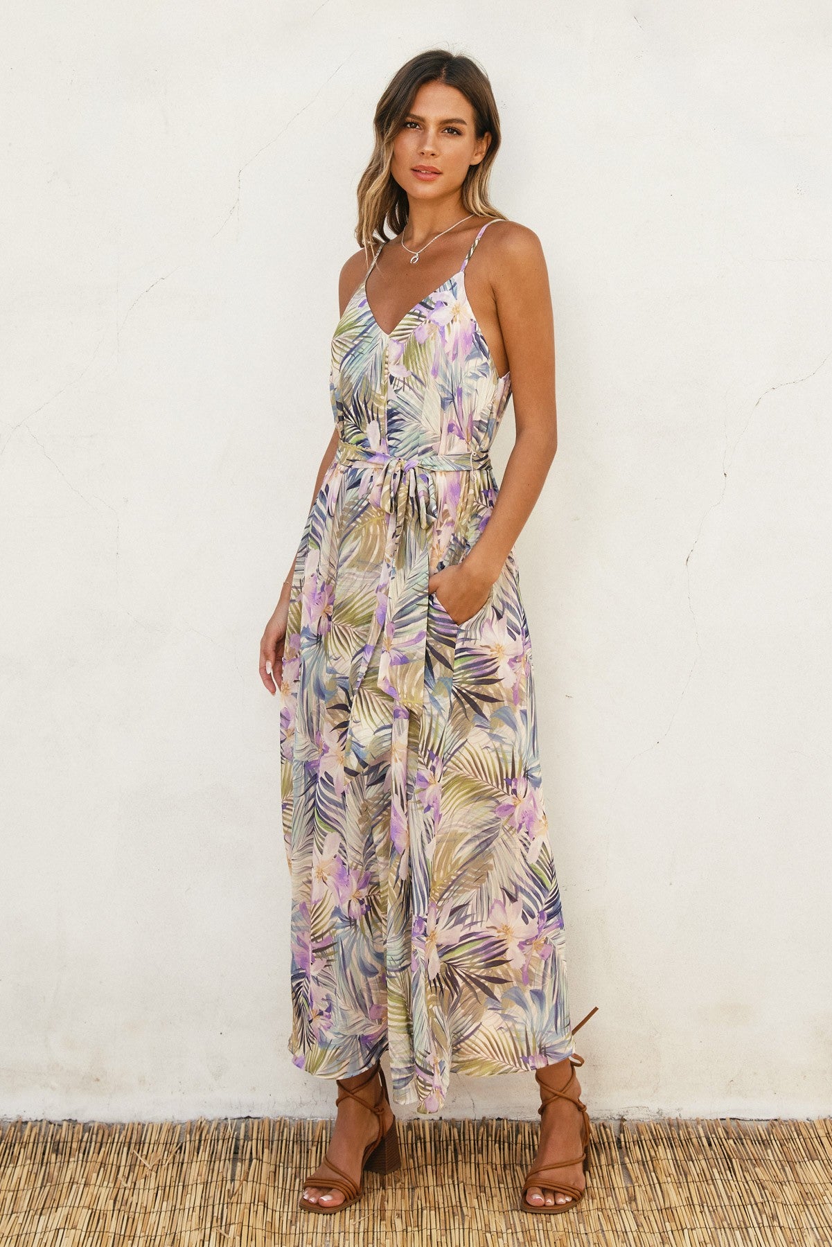 Lavender Tropical Floral Sash Tie Maxi Dress