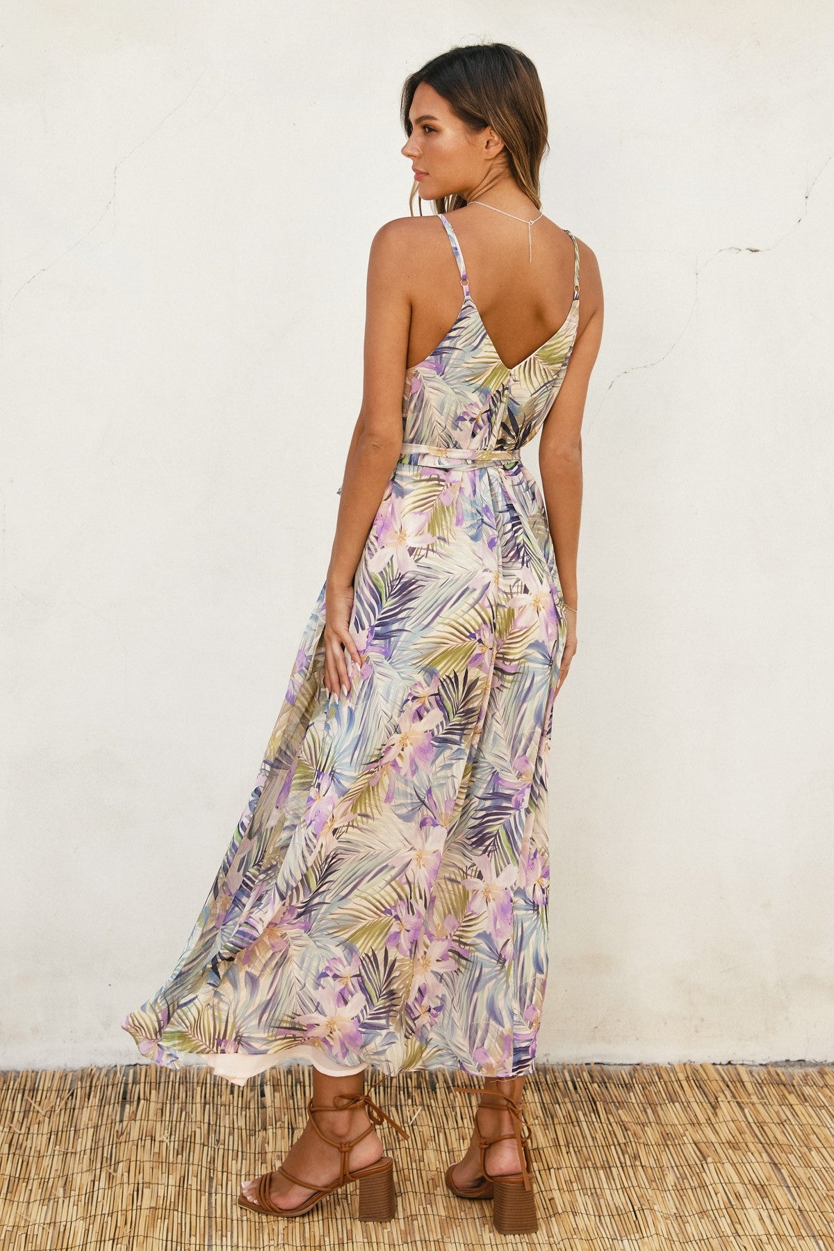 Lavender Tropical Floral Sash Tie Maxi Dress