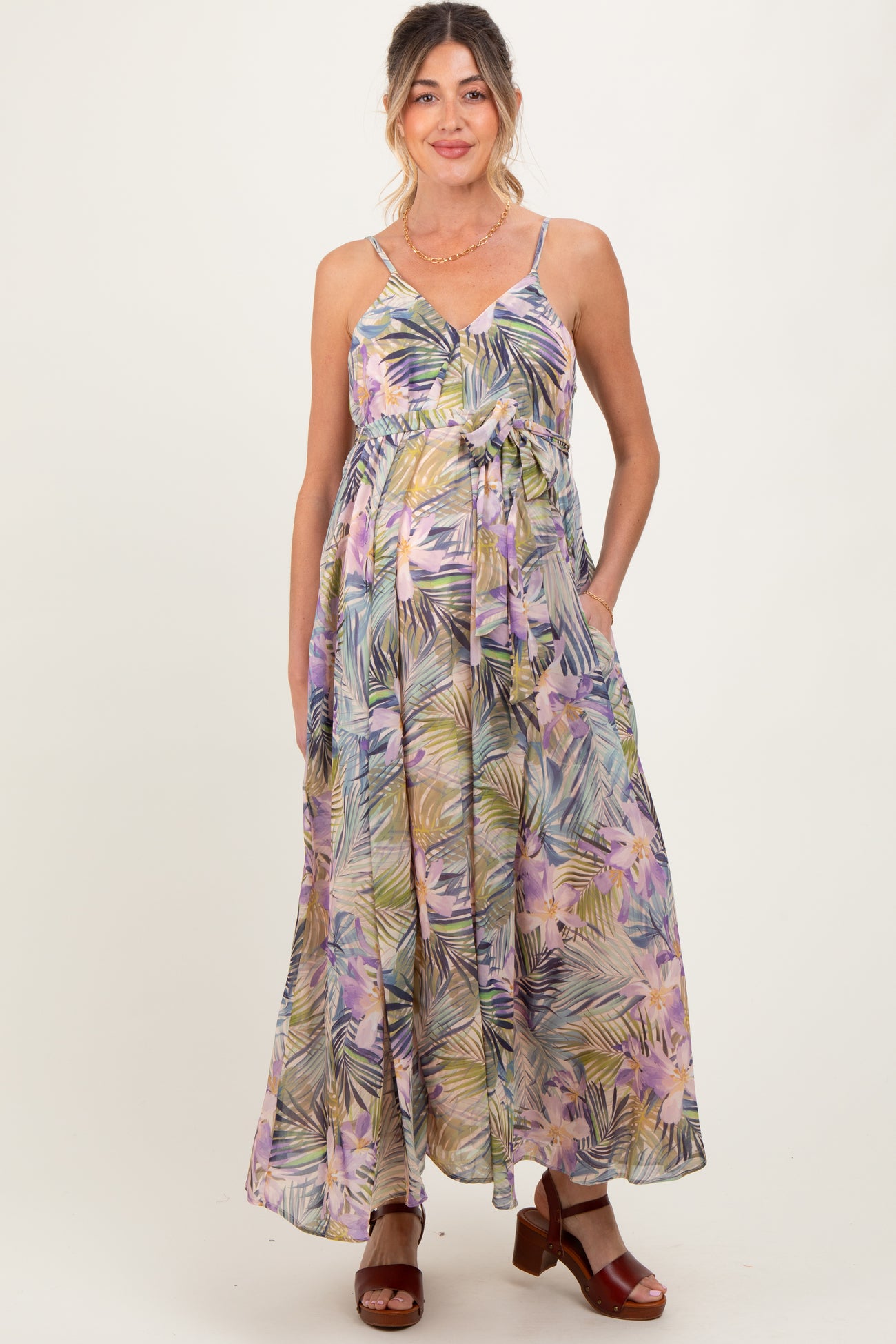Lavender Tropical Floral Sash Tie Maternity Maxi Dress