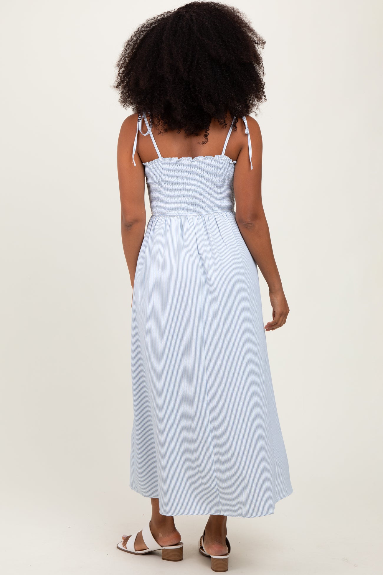 Blue Striped Shoulder Tie Smocked Maxi Dress