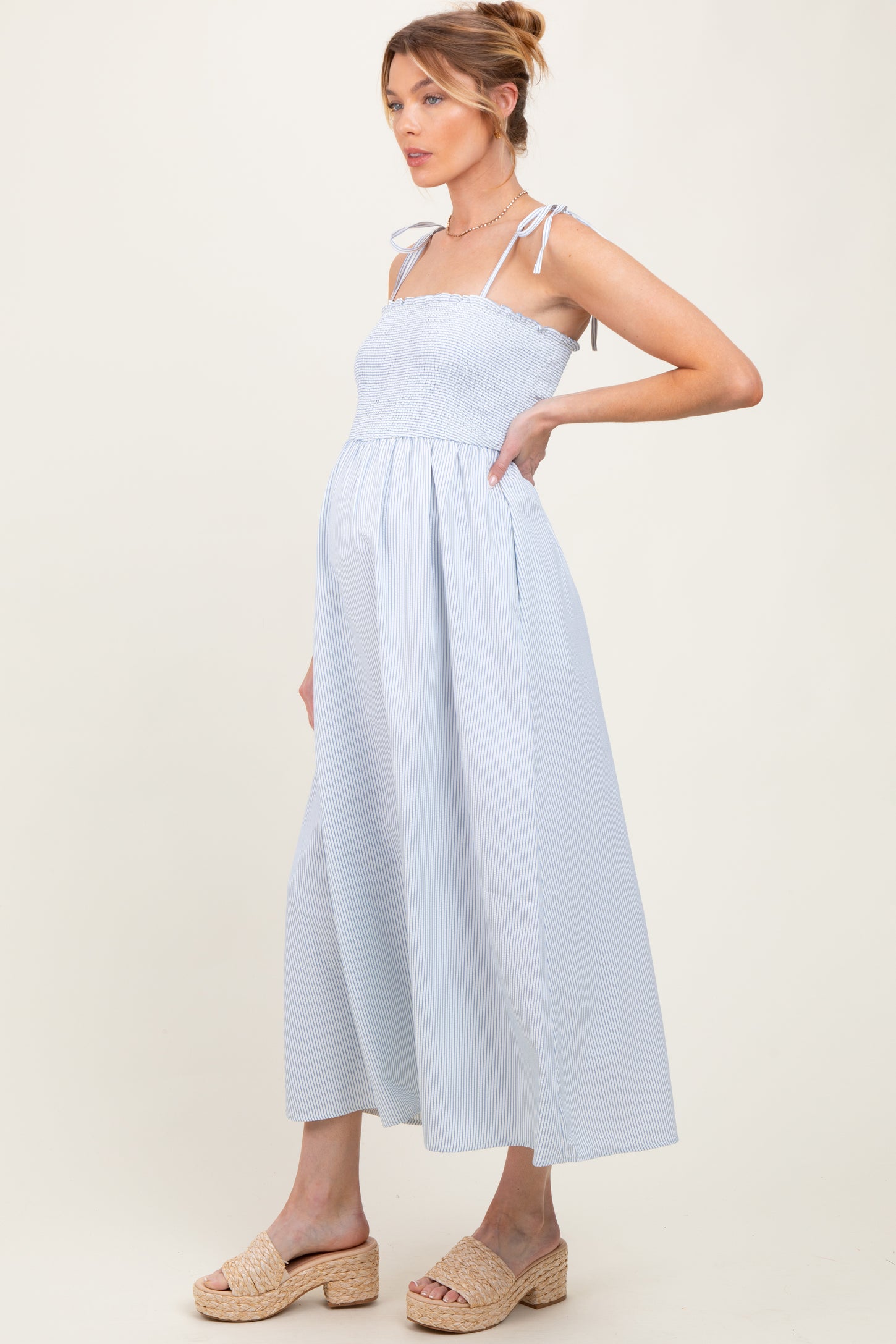 Blue Striped Shoulder Tie Smocked Maternity Maxi Dress