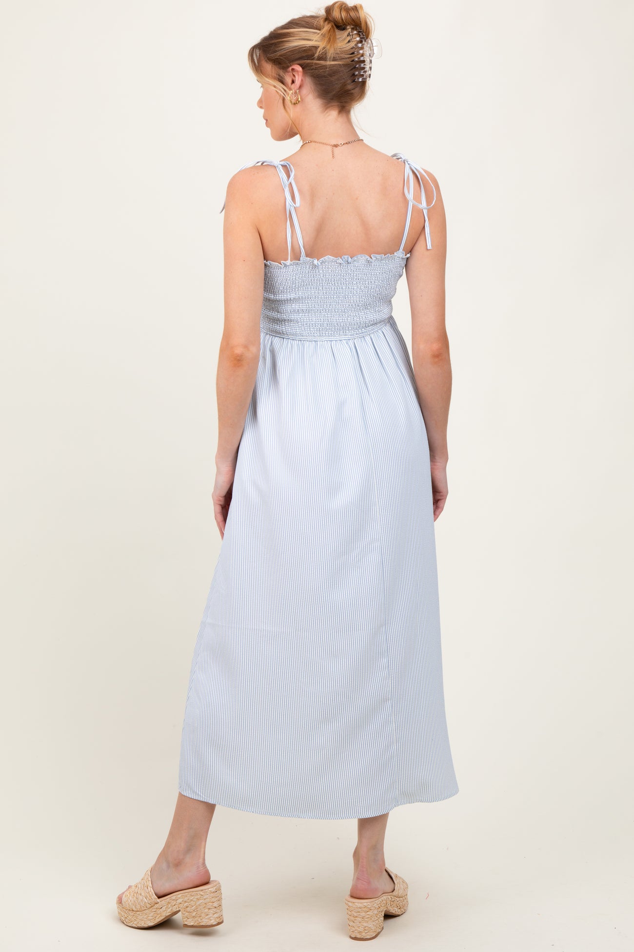 Blue Striped Shoulder Tie Smocked Maternity Maxi Dress