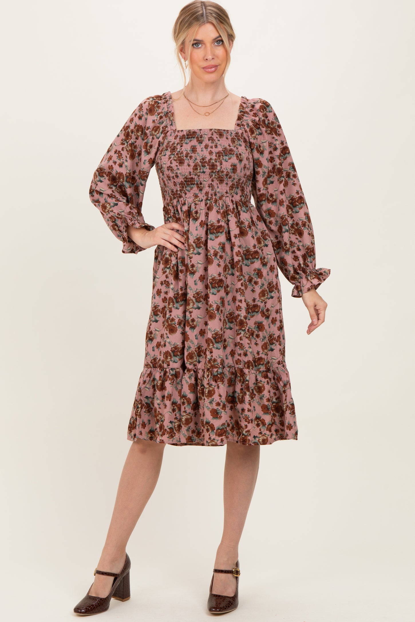 Mauve Rose Smocked Velvet Bow Tie Maternity Midi Dress